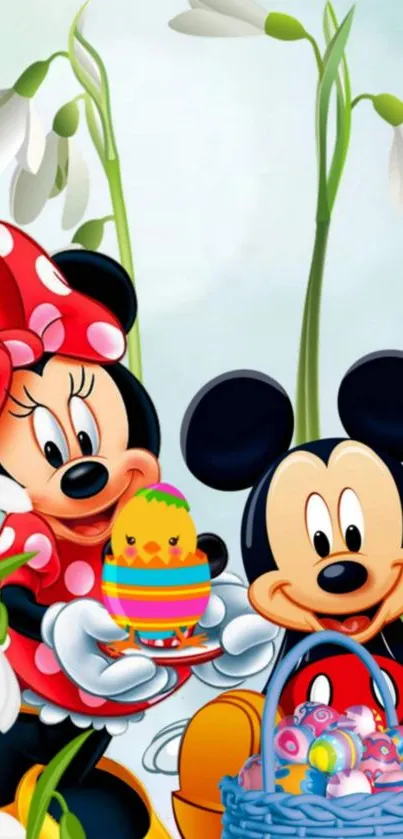 Cartoon characters with Easter eggs and flowers wallpaper