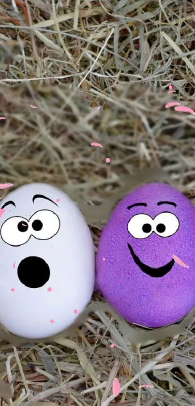 Colorful cartoon eggs on hay background.