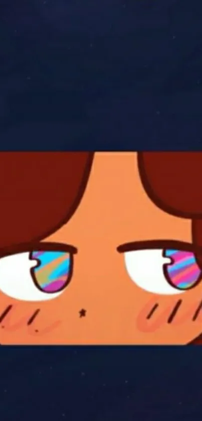 Cartoon eyes with rainbow colors and blush on dark background.