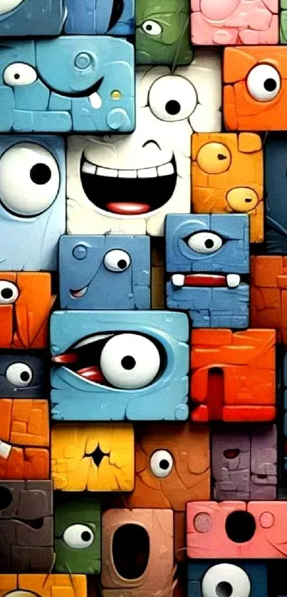 Colorful cartoon faces in a playful block pattern wallpaper.