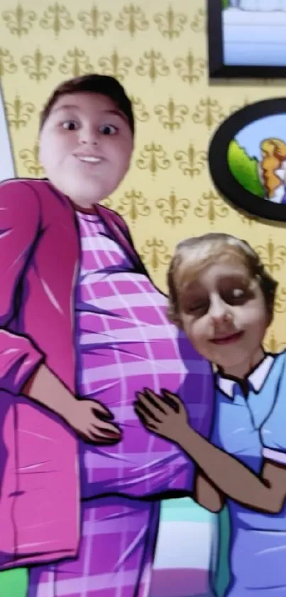 A vibrant cartoon family scene on a mobile screen.