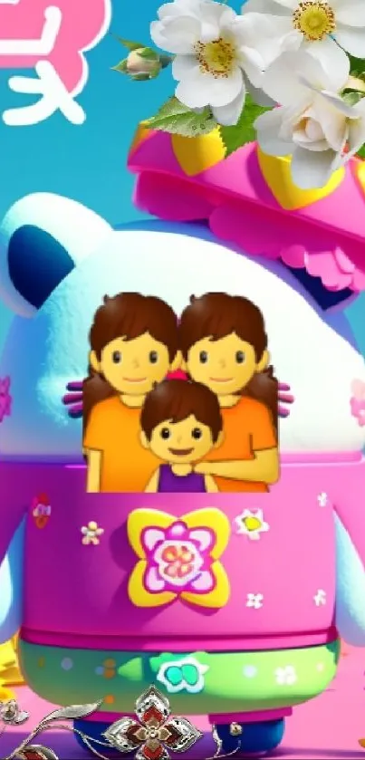 Cute cartoon family with flowers in colorful wallpaper.