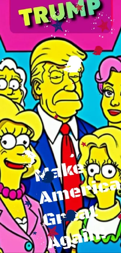 Colorful cartoon family with yellow skin and bright colors.