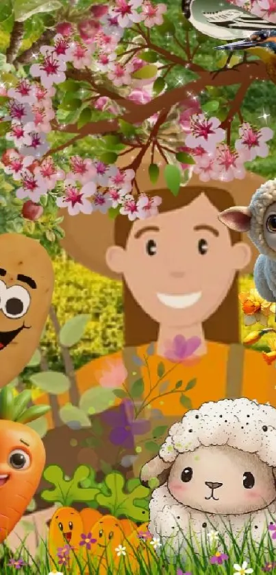 Colorful cartoon farm scene with animals and blossoms.