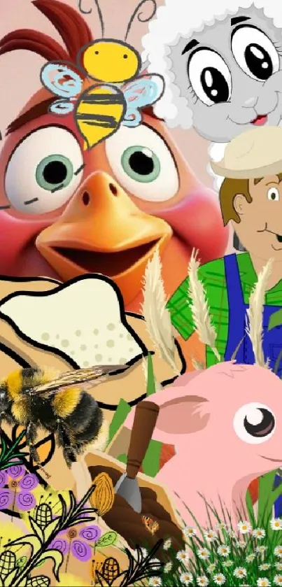 A colorful cartoon farm scene with animals and a farmer.