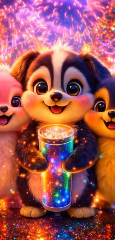Adorable cartoon animals with fireworks.