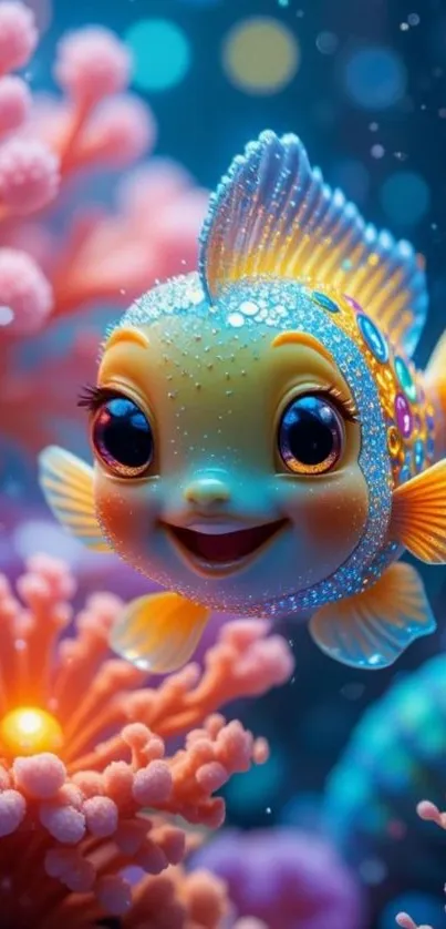 Colorful cartoon fish swims in vibrant coral.