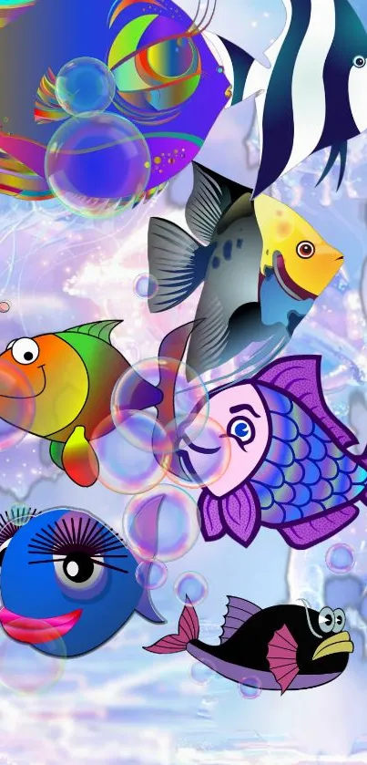 Vibrant cartoon fish with bubbles in a colorful ocean scene wallpaper.