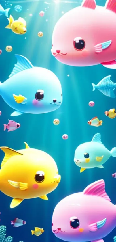 Cartoon fish swimming in a vibrant underwater scene with corals.