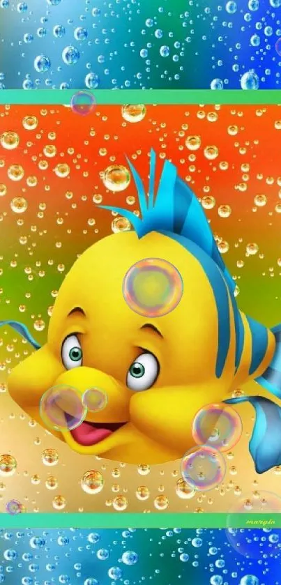 Colorful cartoon fish wallpaper with bubbles and vibrant hues.