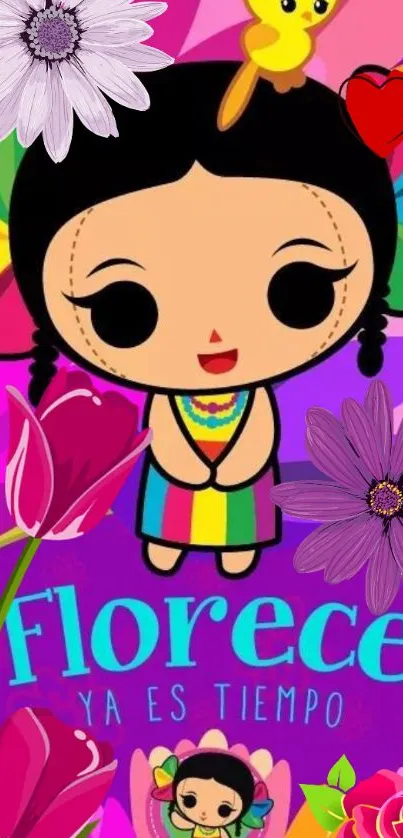 Colorful cartoon girl with flowers and hearts on a vibrant pink background.