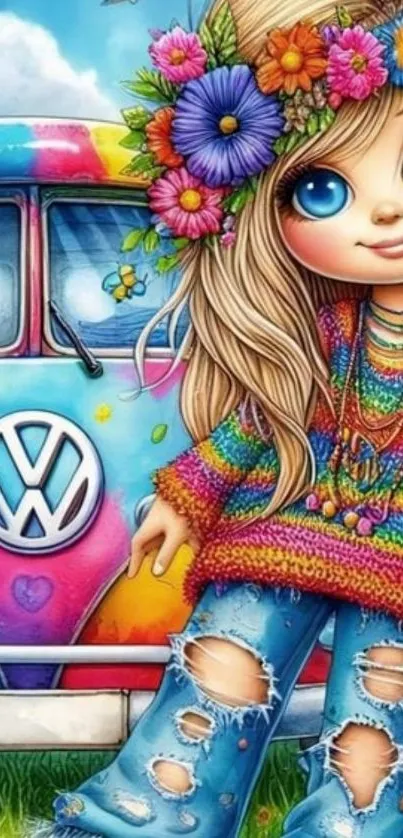 Cartoon girl with flowers in front of a colorful van.