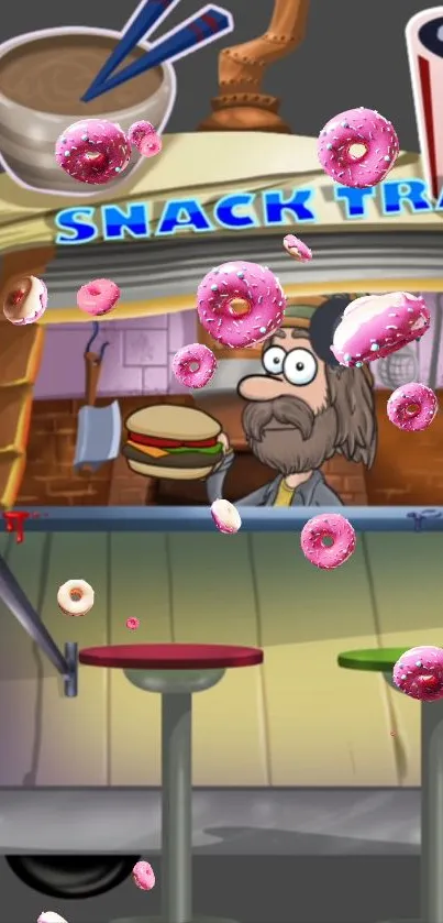 Colorful cartoon food truck with donuts flying around.