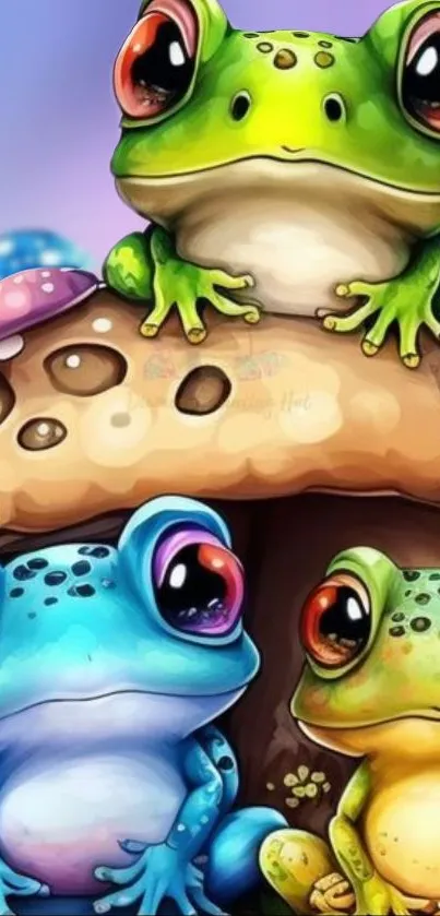 Colorful cartoon frogs sitting on mushrooms, vibrant and adorable design.