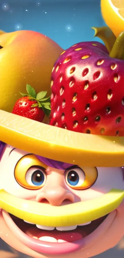 Cartoon character with a fruit hat and colorful design.