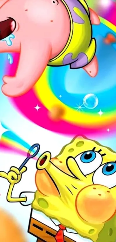 Colorful cartoon wallpaper with animated characters having fun.