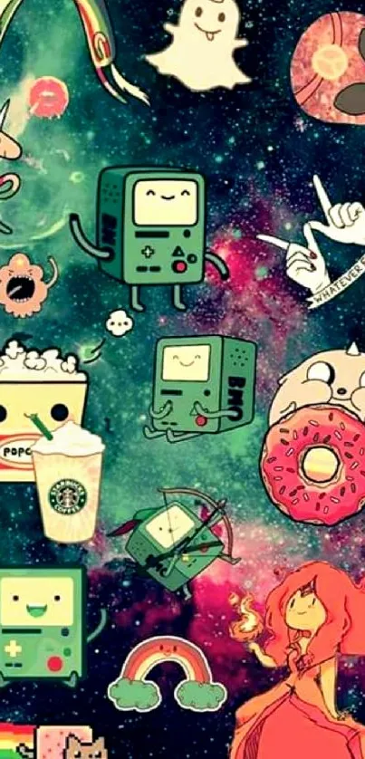 Colorful space-themed cartoon wallpaper with vibrant characters.