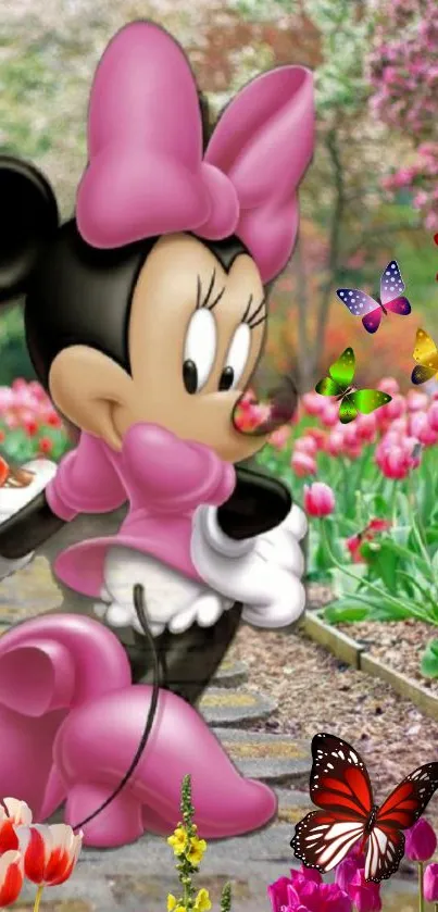 Cartoon character in pink surrounded by colorful flowers and butterflies.