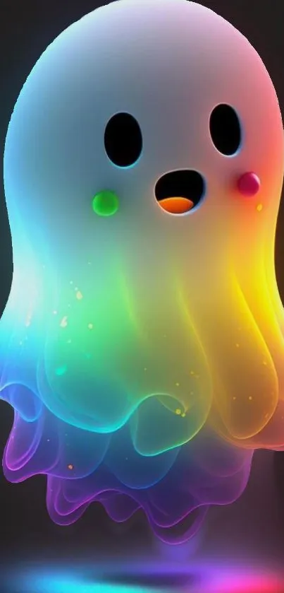 Colorful cartoon ghost with rainbow glow on dark background.