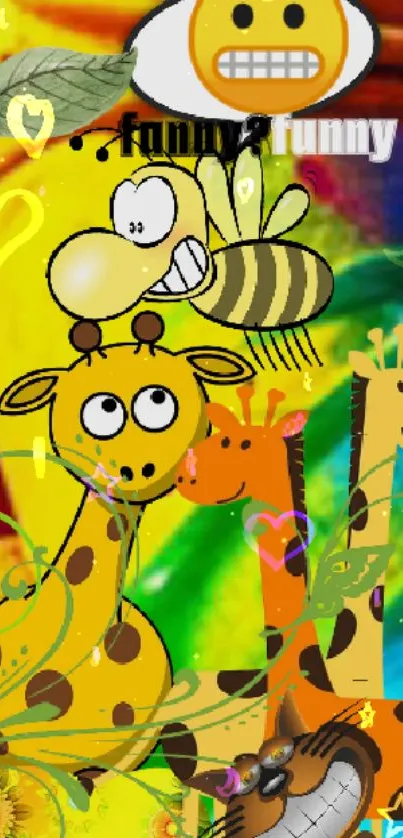 Cartoon giraffes and bee on colorful background.