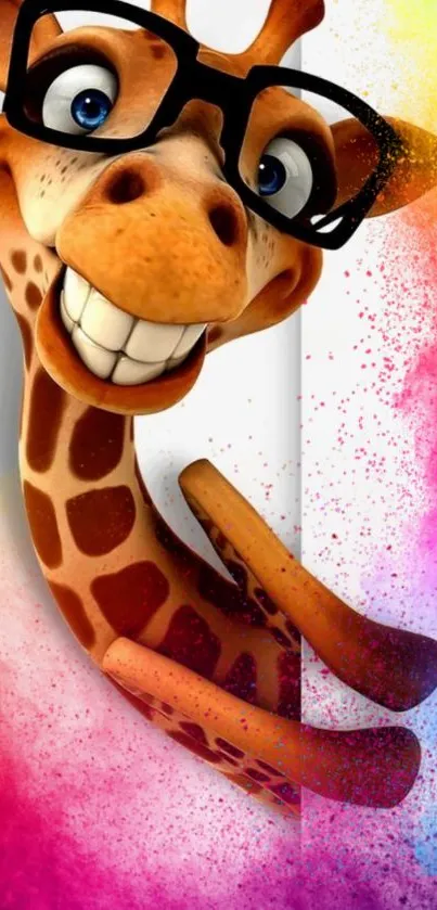 Cheerful cartoon giraffe with glasses, smiling on a colorful background.