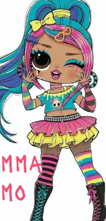 Colorful cartoon girl with vibrant outfit and playful pose.