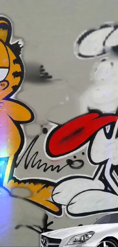 Colorful cartoon graffiti with vibrant characters on a light gray wall.