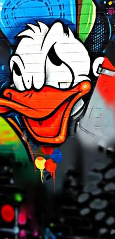 Cartoon character graffiti with vibrant colors on black brick wall.