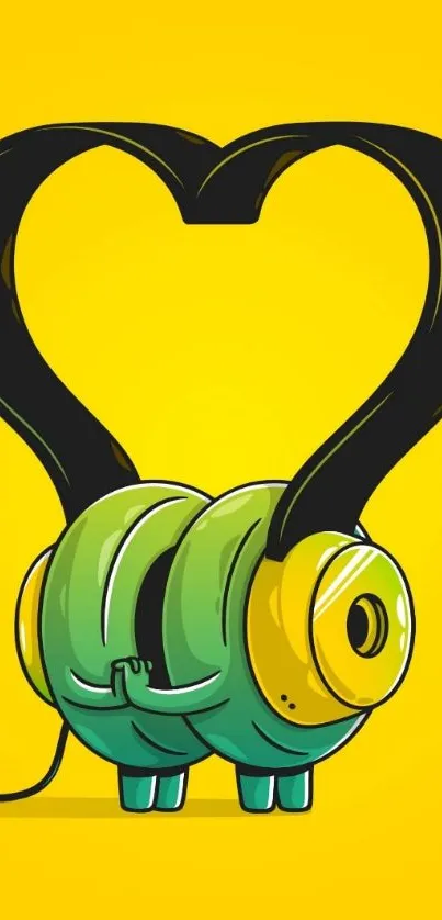 Green cartoon headphone with heart-shaped cable on yellow background.