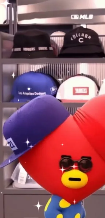 Cartoon heart character with hat and sunglasses against a cap display.