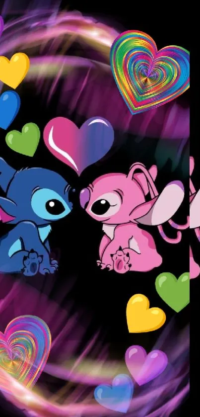 Colorful cartoon hearts and characters on a vibrant mobile wallpaper.