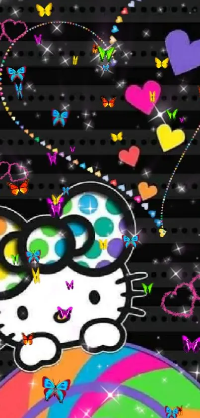 Colorful cartoon wallpaper with hearts and butterflies on a black background.