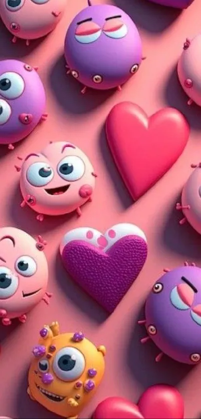 Playful pink hearts on mobile wallpaper with cartoon design.