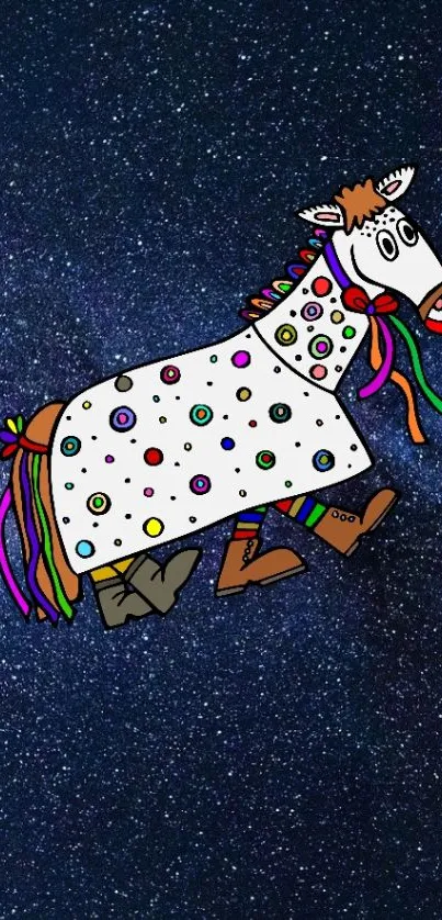 Colorful cartoon horse on a galaxy background.