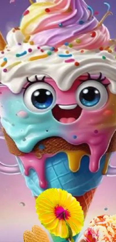 Colorful cartoon ice cream cone with smile and sprinkles.