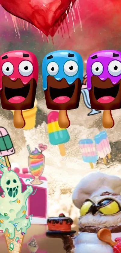 Colorful cartoon ice cream theme wallpaper with vibrant popsicle designs.