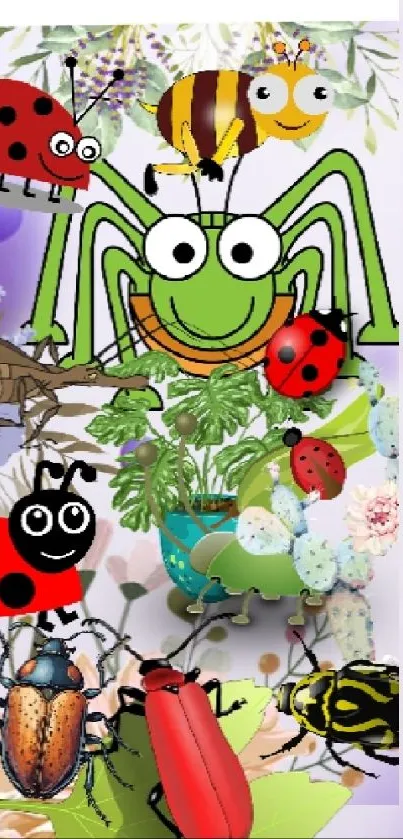 Cartoon insects and leaves on mobile wallpaper.