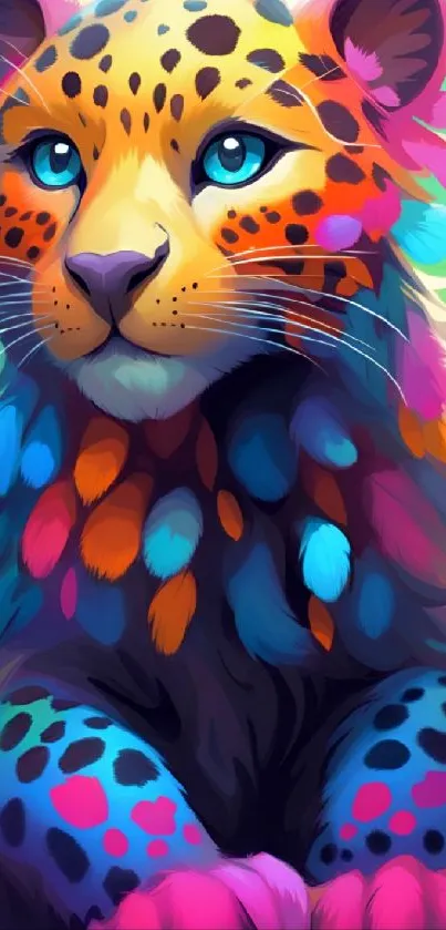 Vibrant cartoon leopard with colorful feathers and bright blue eyes.