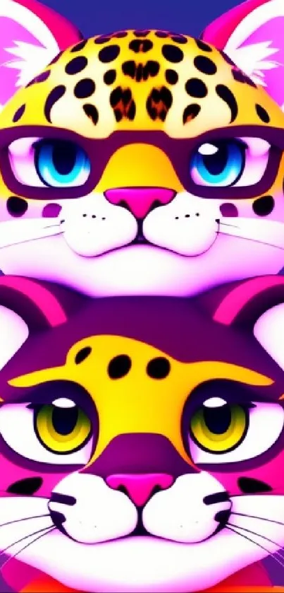 Mobile wallpaper of two vibrant cartoon leopards with a purple background.