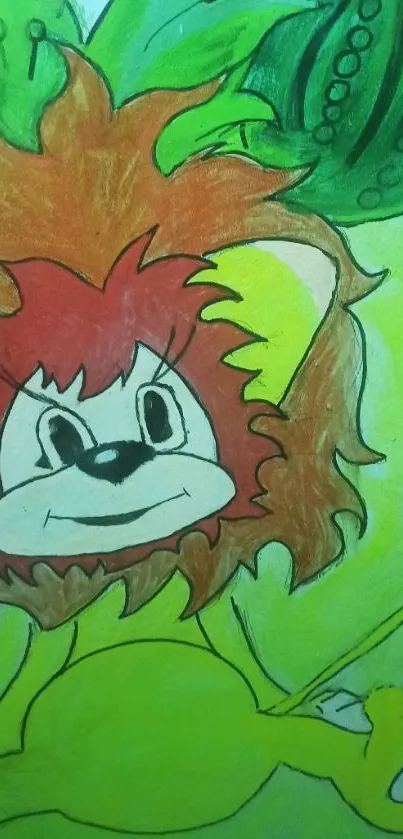 Colorful cartoon lion in a green jungle setting.