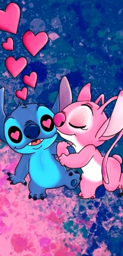 Adorable cartoon characters in love with hearts on a blue and pink background.