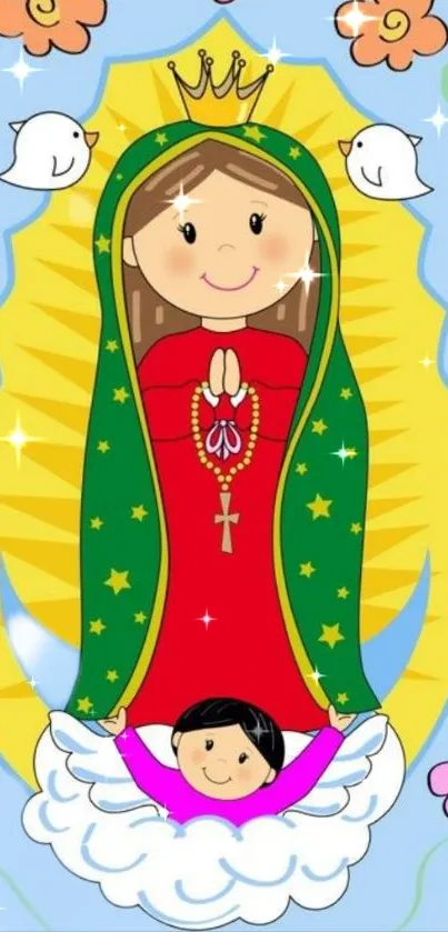 Colorful cartoon depiction of Mary with a radiant background.