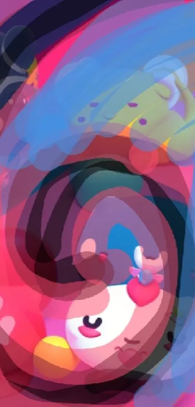 Vibrant cartoon wallpaper with playful characters and a pink background.