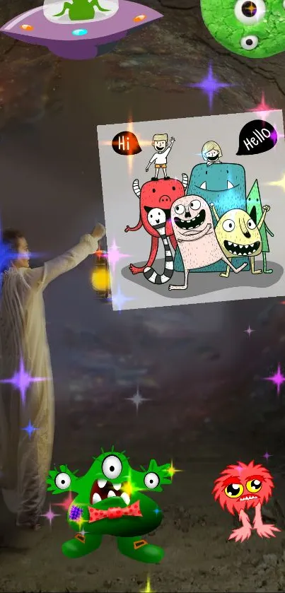 Whimsical cartoon monsters with stars in a mysterious cave.
