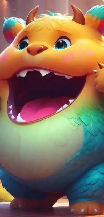 Colorful cartoon monster with vibrant hues in an animated setting.