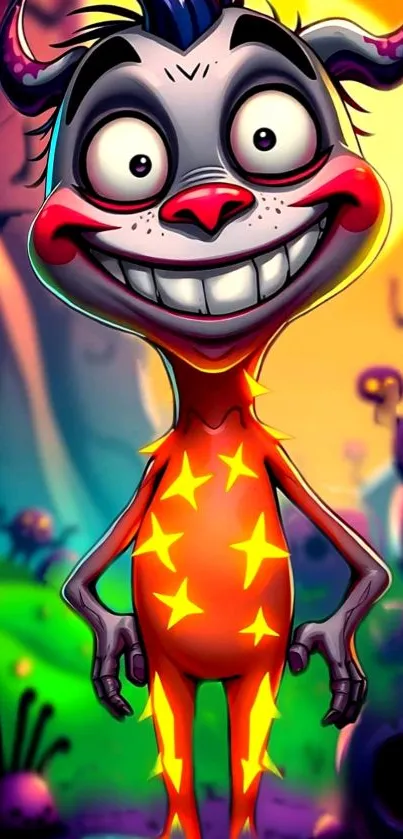 Colorful cartoon monster in fantasy landscape mobile wallpaper.