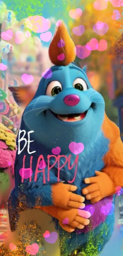 Colorful cartoon monster with 'Be Happy' text on vibrant background.