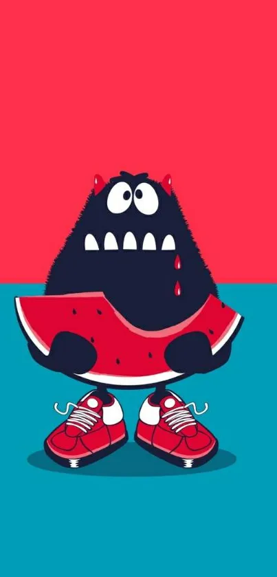 Colorful cartoon monster in red and blue wallpaper design.