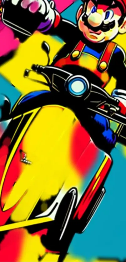 Cartoon character rides vibrant motorcycle on colorful background.