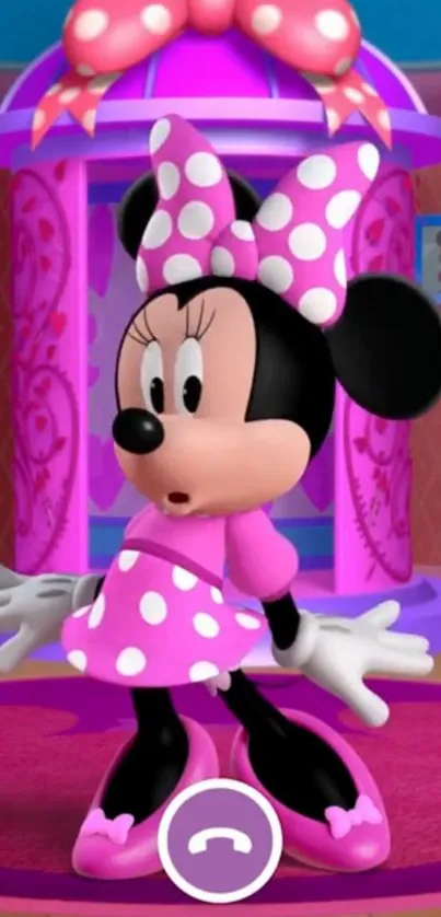 Cartoon mouse in pink attire with a vibrant background.